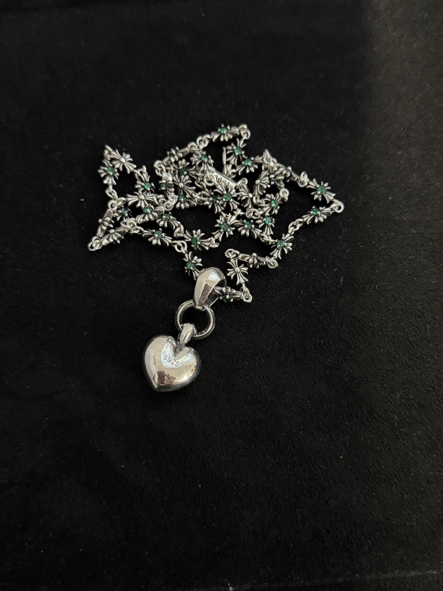 Chrome Hearts Silver Emerald Heart Pendant Necklace